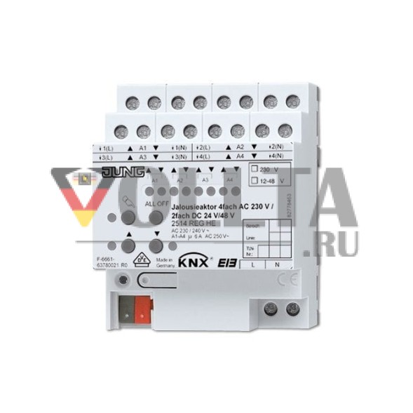 Jung 2514REGHE KNX привод жалюзи 4-канальный AC 110-230 В, 2-канальный DC 12-48 В, коррекция жалюзи для нижнего конечного положения