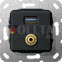 Gira 568710 USB 3A, M-jack кабельная вставка для разводки черный матовый